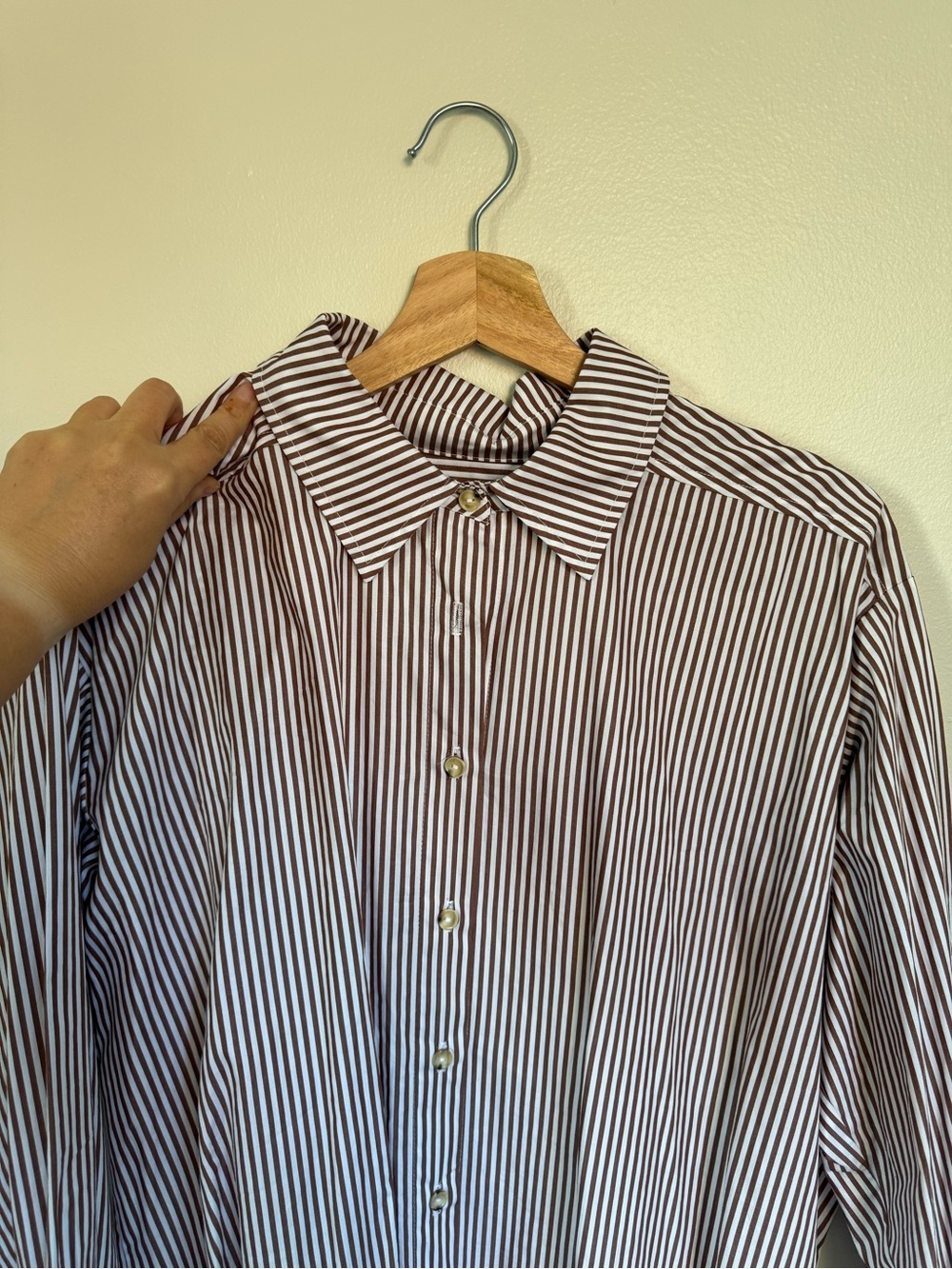 DONNI. Brown and White Vertical Stripe Button-Down Shirt - Picture 5 of 6